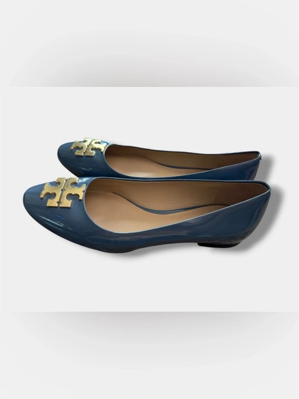 Tory Burch Reva Flats Blue Patent Leather Gold Logo Ballet Shoes Women’s 7M